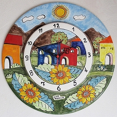 イタリア製、彩色陶器の時計「ひまわり」　(PRC-81Q)